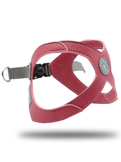 A badass pink vegan leather french bulldog harness by MAGNUS Canis hovers in the air on set.