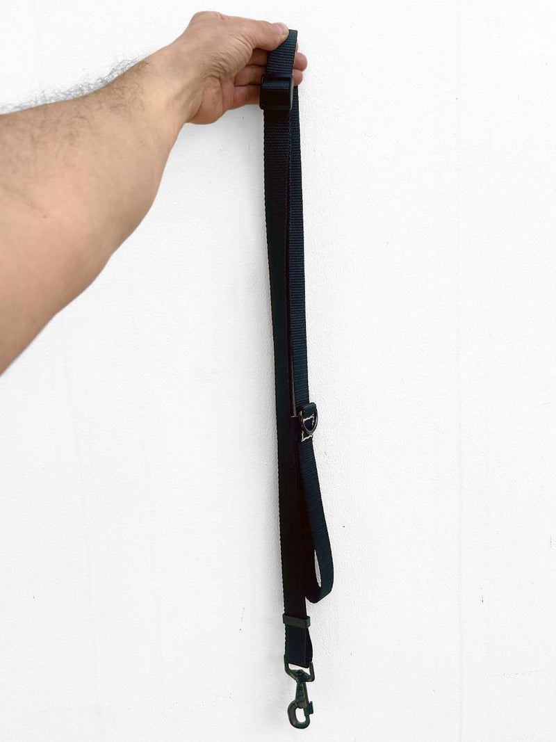 Black nylon webbing dog leash that adjusts in length by MAGNUS Canis.