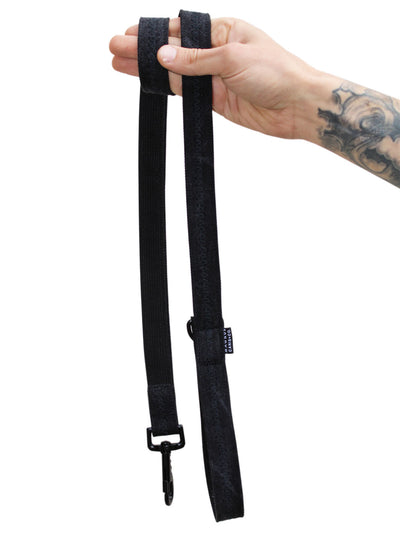 Black denim hand crafted dog leash that is 4 feet long by MAGNUS Canis.