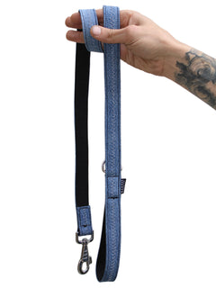 Blue Levi's denim hand crafted dog leash that is 4 feet long by MAGNUS Canis.