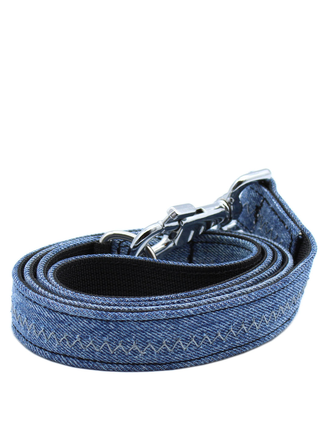A blue denim dog leash that is hand crafted by MAGNUS Canis.