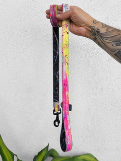 A multi color vegan leather dog leash with limited edition hand painted pattern by MAGNUS Canis.