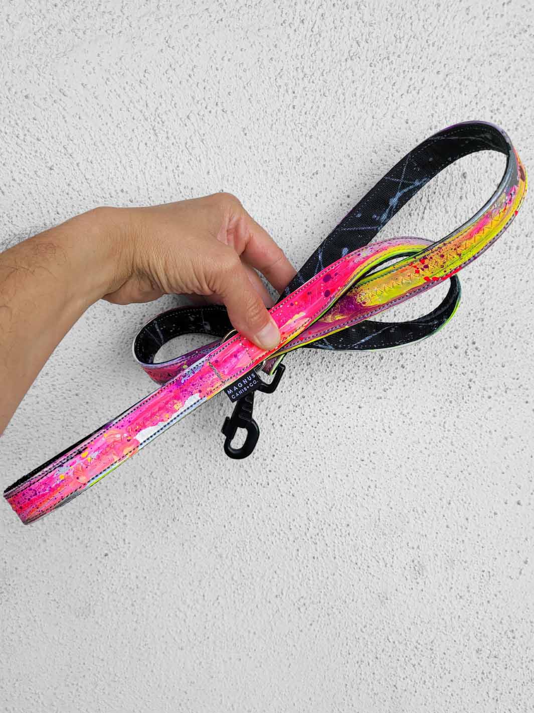 A limited edition hand painted dog leash with multi colored pattern by MAGNUS Canis.
