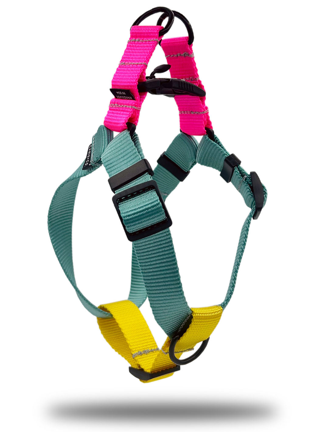 MAGNUS Canis french bulldog harness in light teal hot pink and yellow strap webbing.