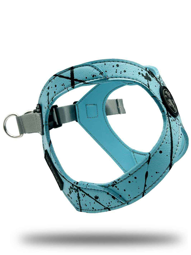 MAGNUS Canis blue and black printed french bulldog harness as seen from a three quarter view.