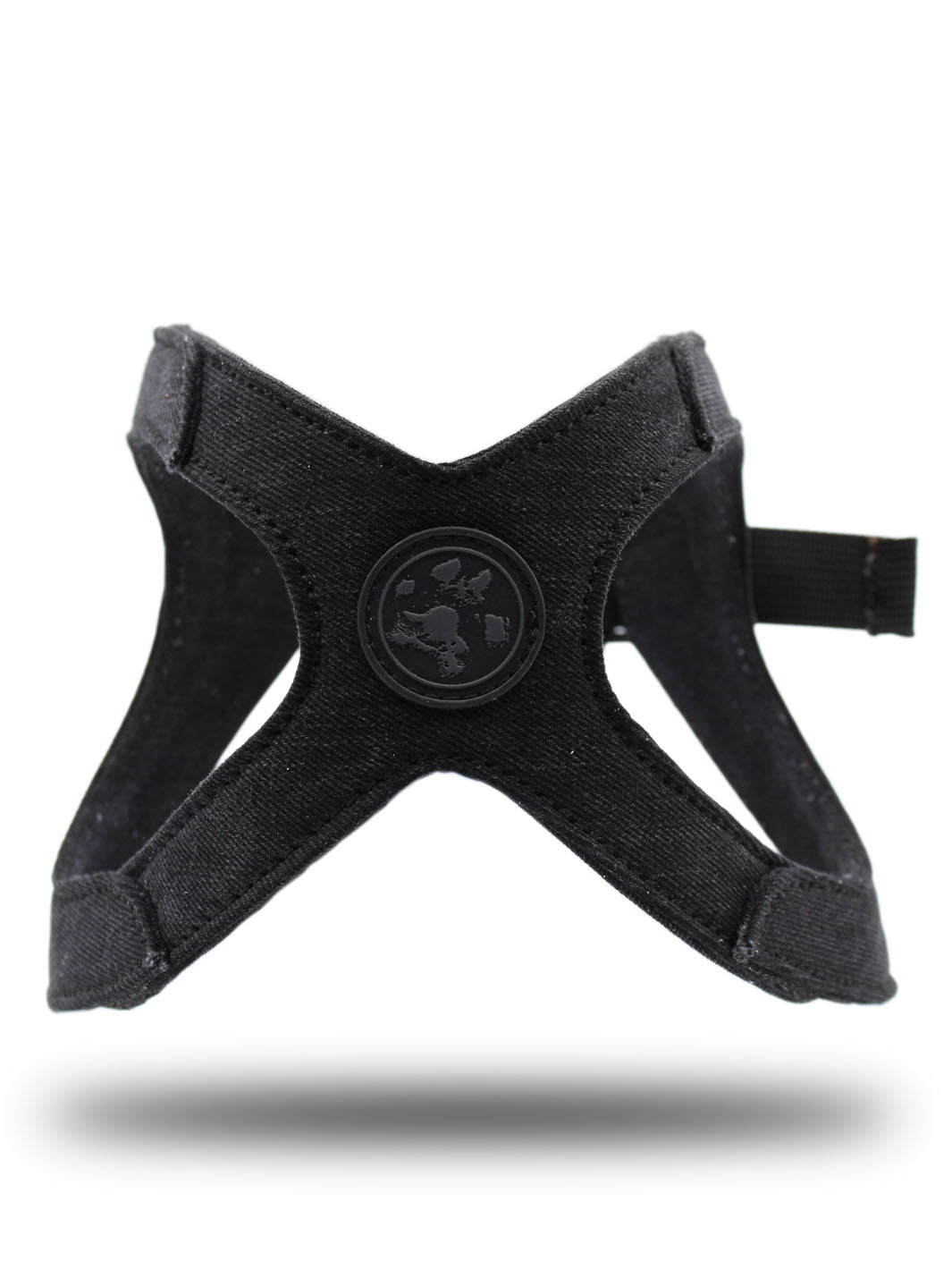 The MAGNUS Canis signature frenchie harness in black repurposed denim as viewed from the front.