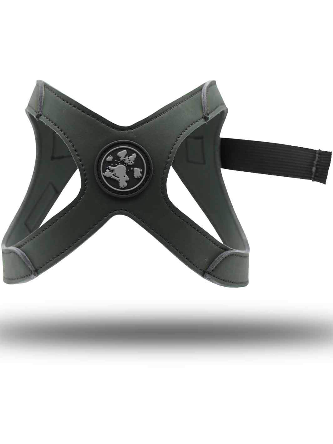 MAGNUS Canis vegan leather dog harness as seen from the front in color dark moss green.