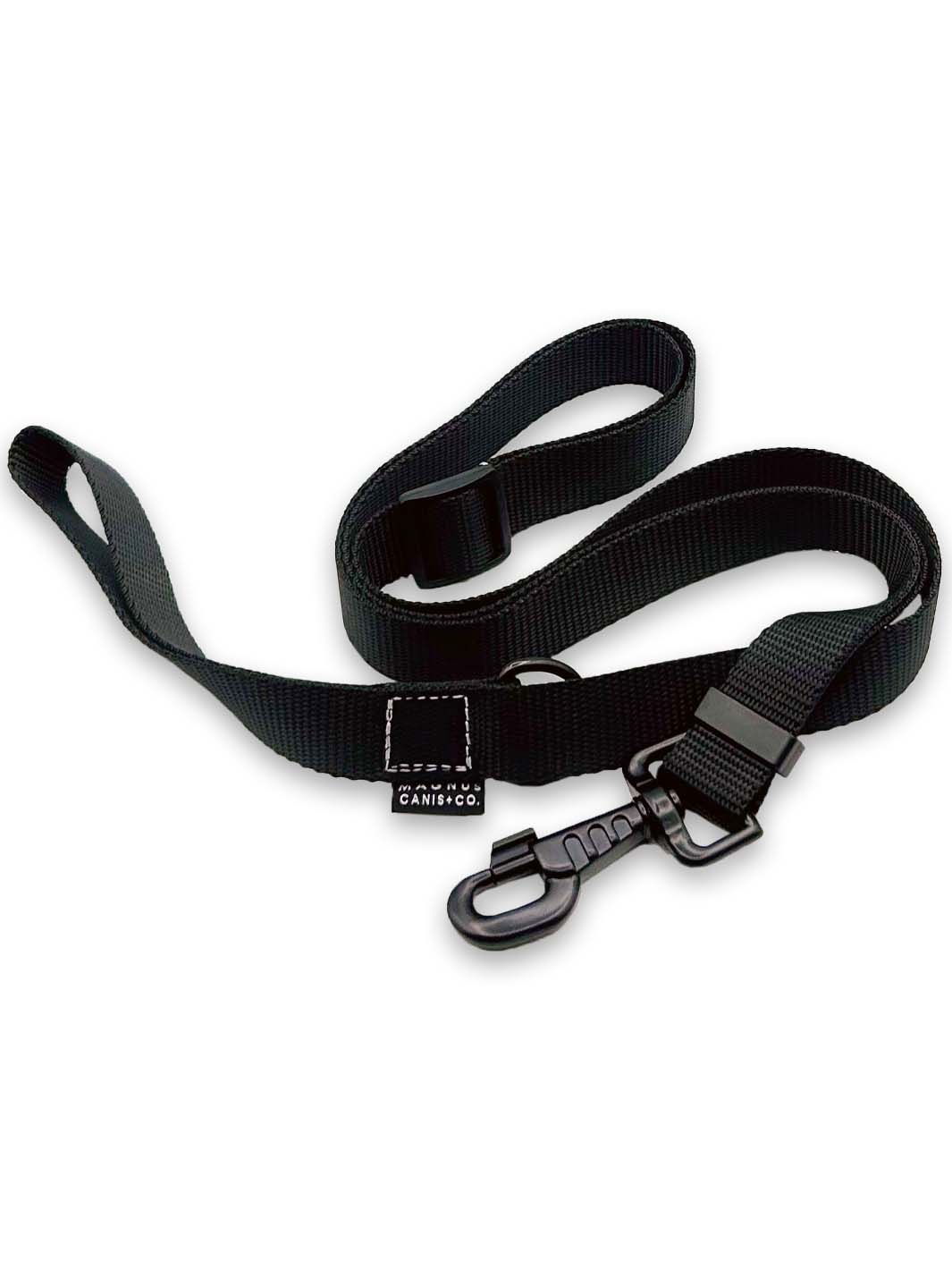MAGNUS Canis black nylon strap webbing dog leash bundled up.