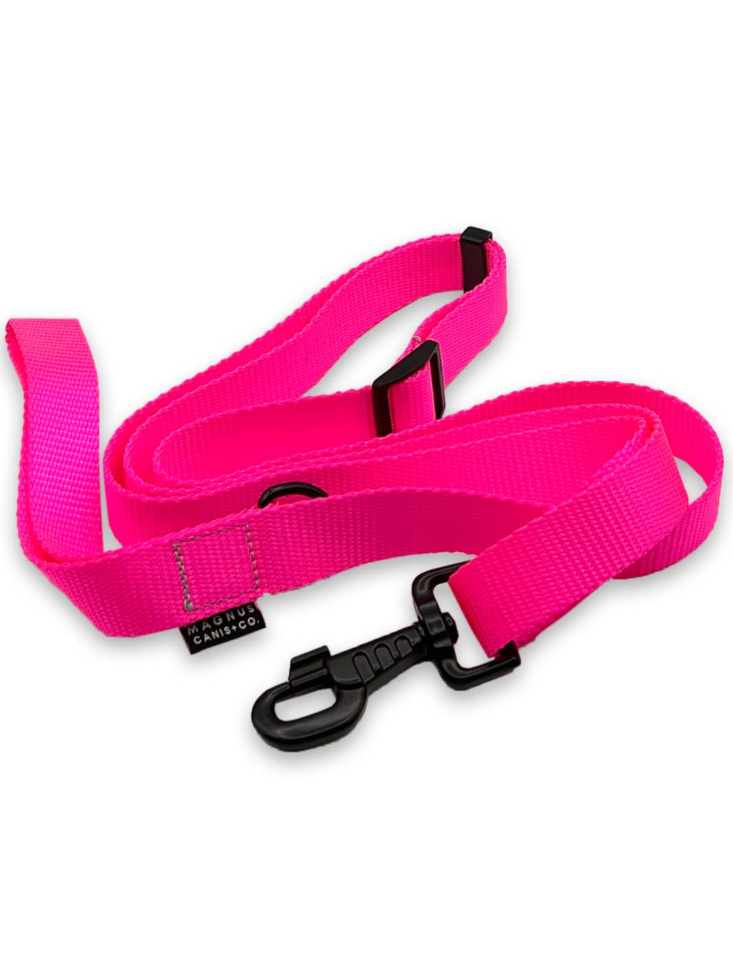 MAGNUS Canis neon pink nylon strap webbing dog leash bundled up.